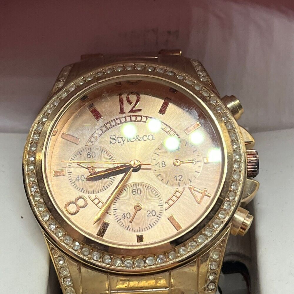 Style & Co Watch Gold Tone Dial Round Crystal Accent Stainless Steel In Box Aged